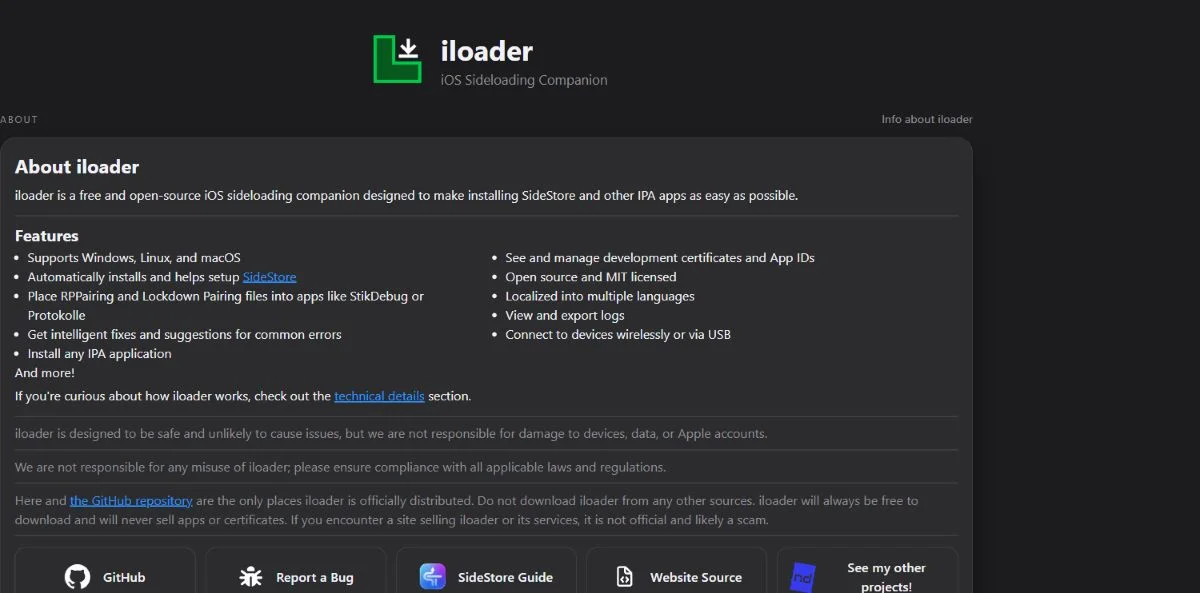 Sitio oficial de iLoader: instaladores de Windows, Linux y macOS